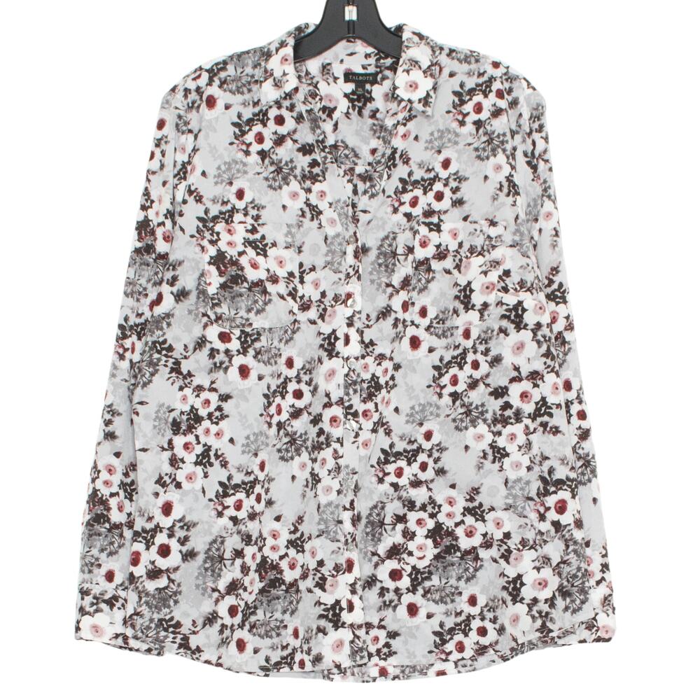 Floral Button Up Top Gray XL Talbots Lightweight Work Office Business Casual